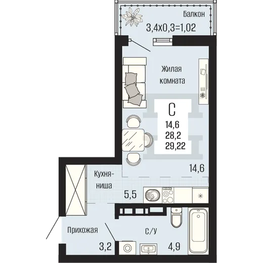 Планировка студии 29,22 м² в ЖК Половецкий